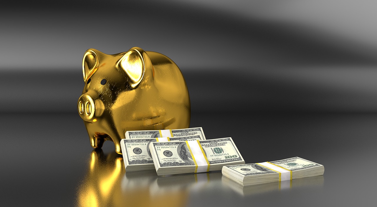 Golden Piggy Bank With Bundle of Cash in Foreground